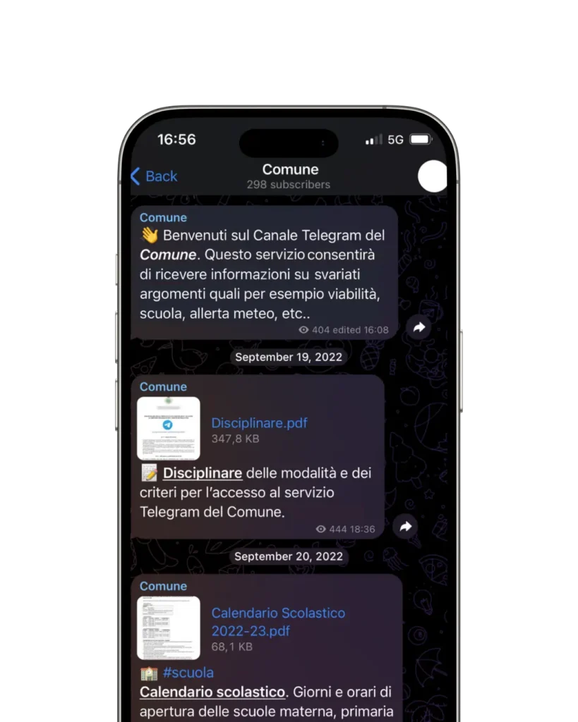 Screenshot di uno smartphone che mostra un canale Telegram intitolato "Comune", con messaggi informativi e documenti PDF.