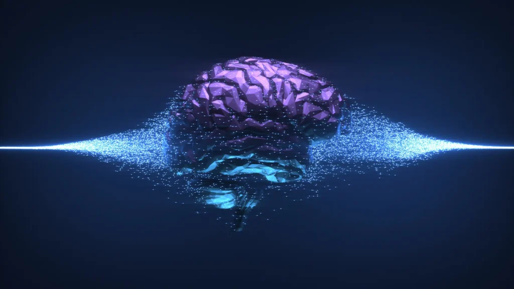 Stylized digital brain surrounded by data streams to train the enterprise AI described in the AI Focus article