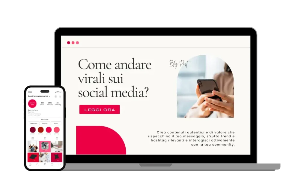 Schermata con un articolo visibile su laptop e profilo social smartphone per spiegare il concetto di content marketing.