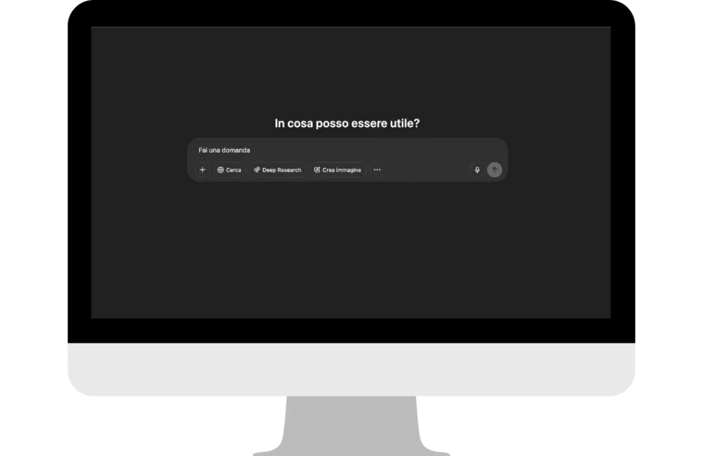 Dark interface with a search bar in the middle that reads "What can I be useful for?" for the AIO Optimization Service or Optimization for AI