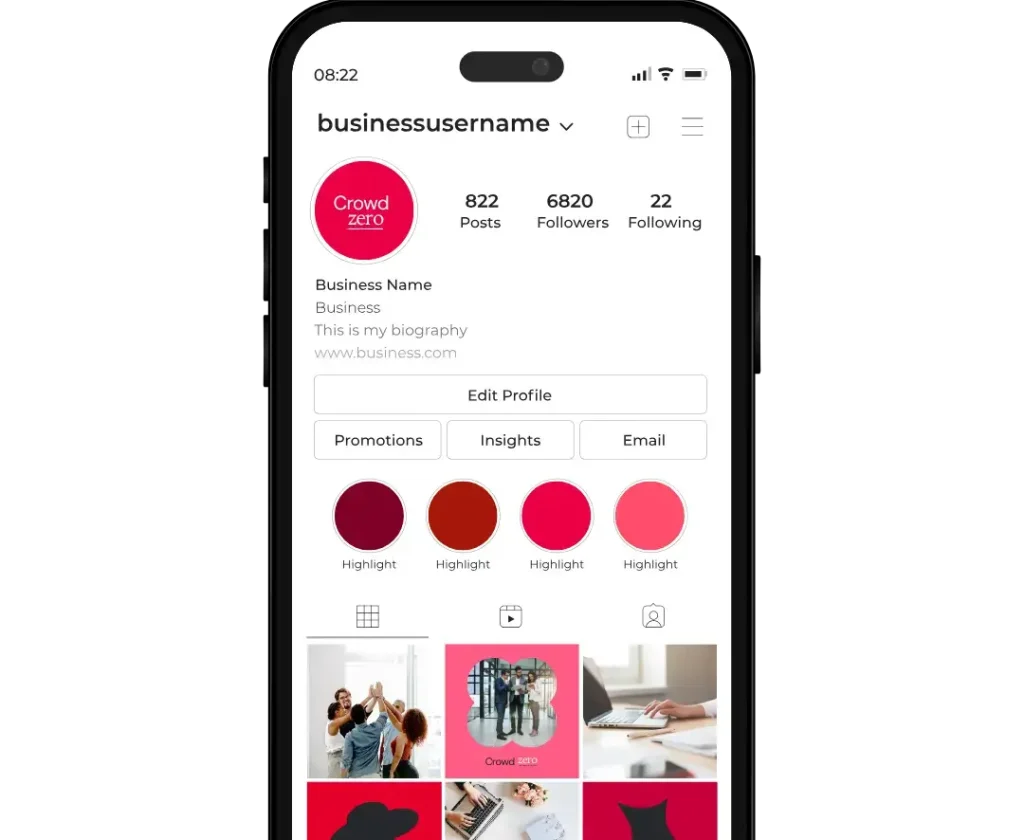 Instagram business profile displayed on a smartphone for social media management.
