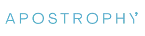 Apostrophy logo in light grey font and blue outline, transparency effect for Digital Portfolio page