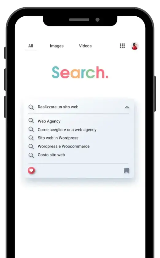Floating screen with search results related to website creation to give an example of SEO optimization.